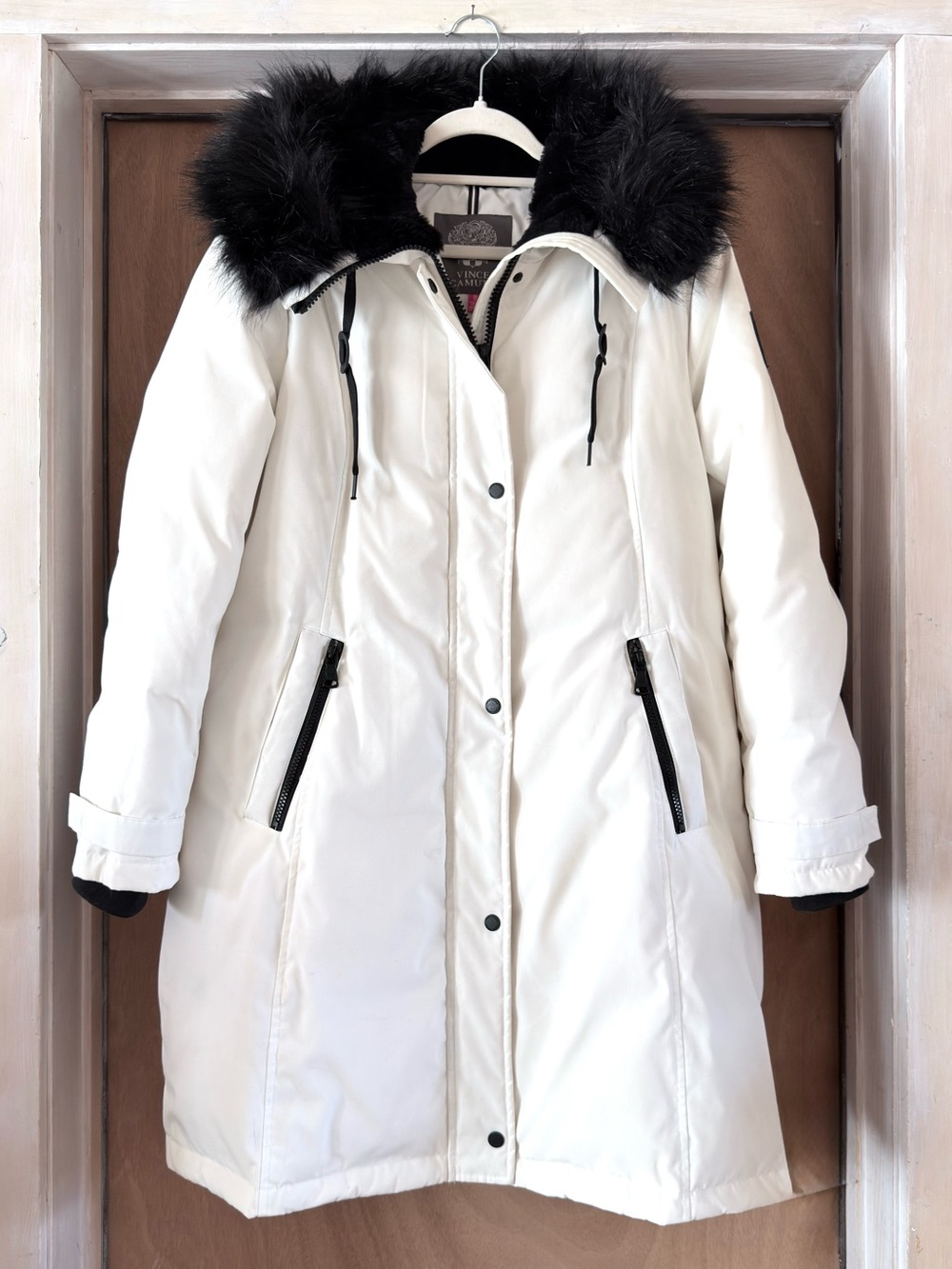 Vince Camuto Down Feather Jacket Faux Fur Hood Winter Parka White Black Women XL